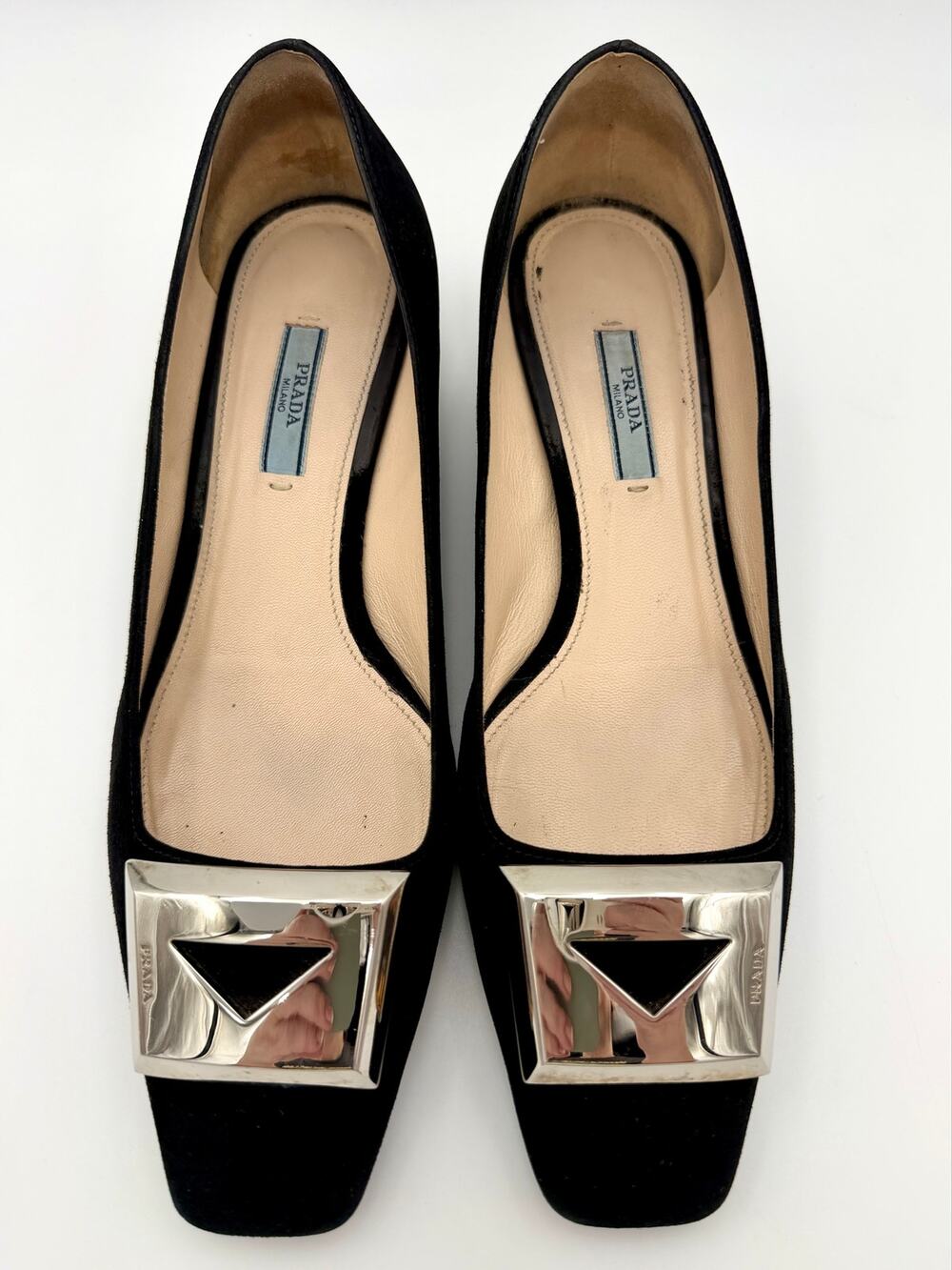 Prada Square Toe Pumps Black Suede Size 39.5 / 9.5 Metal Buckle Logo